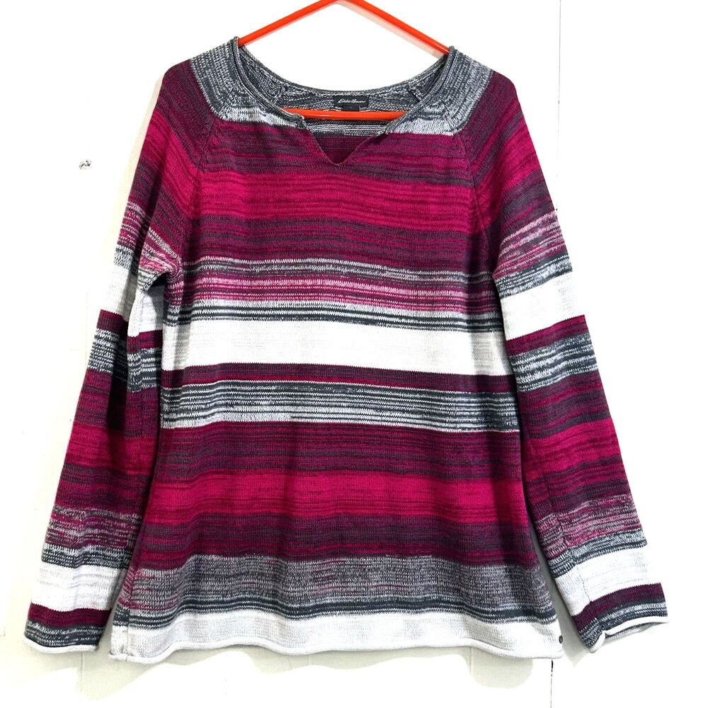 Eddie Bauer Pink and Gray Striped Sweater Women's XL Pullover 100% Cotton